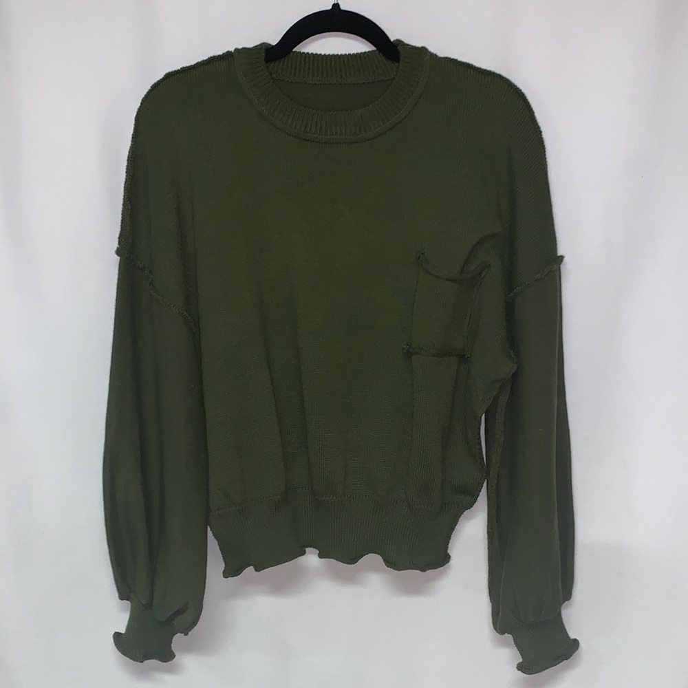 Olive Green Knit Boho Sweater Front Pocket Drop Shoulder Women’s Size M
